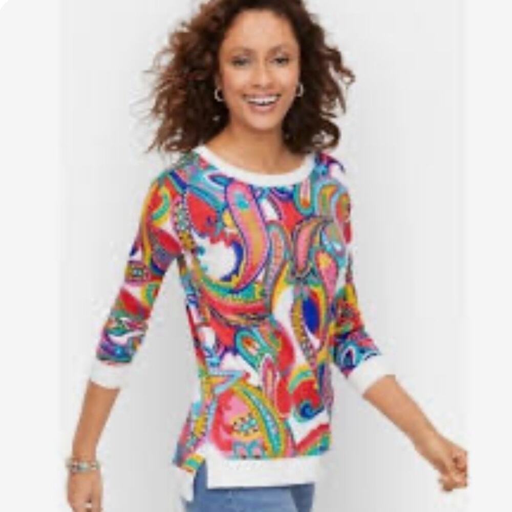 Talbots Jubilee Vibraint Multicolor‎ Paisley Crewneck Sweater Sz M 100% Cotton